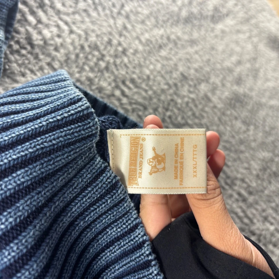 Suéter True Religion Para Hombres 3XL Azul Algodón Abotonado Cable Tejido Capucha Cuello Foto 4 de 4