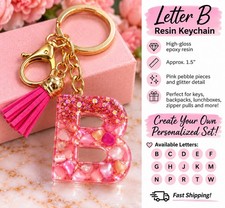 Letter B Resin Keychain Pink Rose Gold Pebble Glitter Tassel Initial Dangle