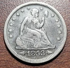 1853 Seated Liberty 25c ARROWS & RAYS Orig Toning VF+ Very Fine+ No Issues Coin