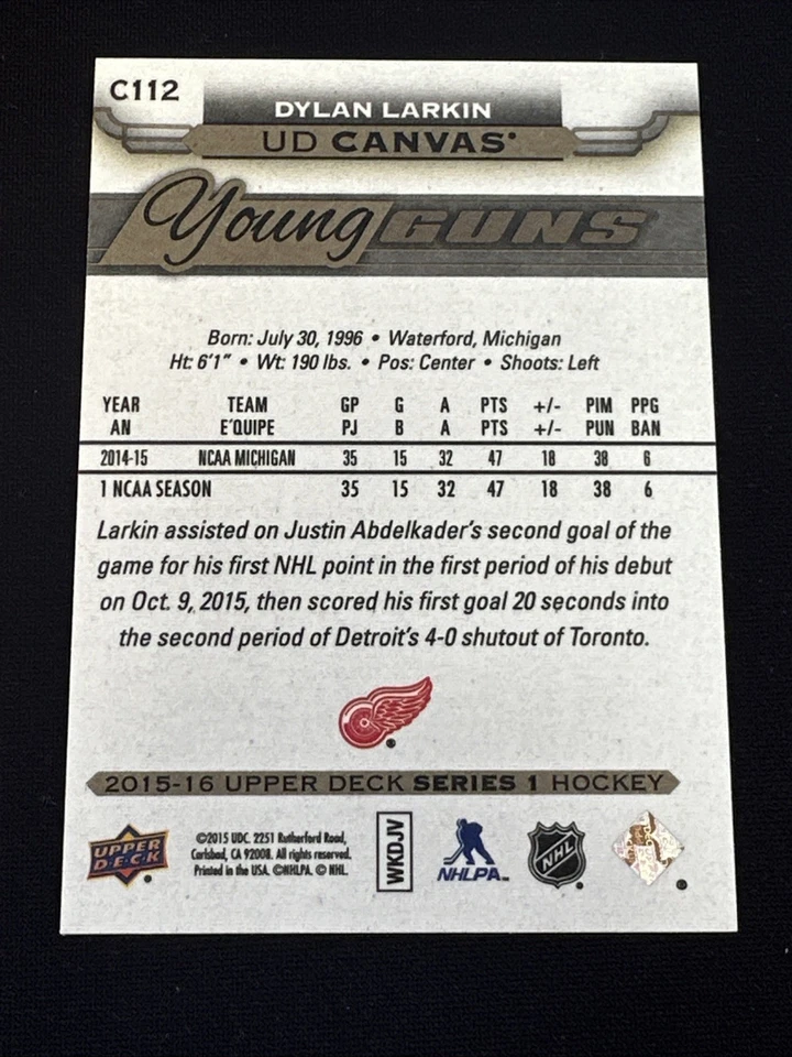 2015-16 Upper Deck Young Guns Canvas C112 Dylan Larkin Detroit Red Wings - Image 2 of 2