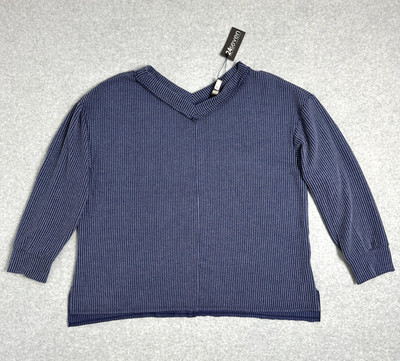 24seven Women's Large Blue Long V-Neck Sleeves Blue Navy Winter Blouse NWT