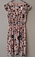 Ann Taylor LOFT Floral Knee Length Dress XS Peach Black White Red Flutter Sleeve