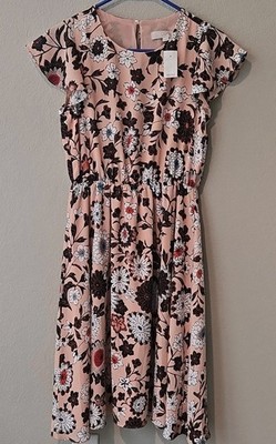 Ann Taylor LOFT Floral Knee Length Dress XS Peach Black White Red Flutter Sleeve
