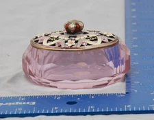 VTG Pink Faceted Glass Trinket Box Enamel Flower Lid Crystals Keepsake Vanity