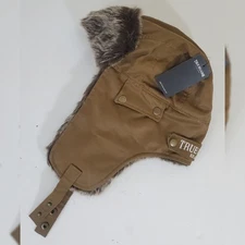 TRUE RELIGION FAUX FUR TRAPPER AVIATOR HAT STITCHED WITH PATCH ICONIC LOGO BROWN