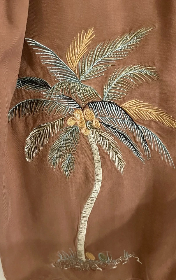 Camisa Hawaiana Luau Para Hombres 100% Seda 2XL Marrón Bordada Palmera Vacaciones Foto 3 de 4