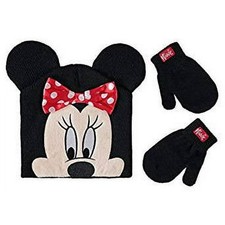 Beanie Cap - Disney - Minnie Mouse - Polka Dot Bow w/Mittens Glove Set Hat NEW