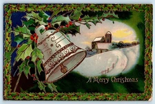 Christmas Ringing Bell Holly Berries Gel Gold Gilt Winter Scene Antique Postcard