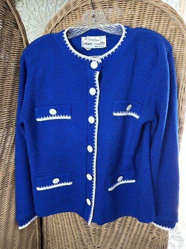 Vintage Neiman Marcus Ami Knits Knit Cardigan Skirt Suit Blue White Sz10 Corp - Picture 2 of 10