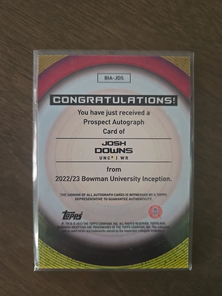 2023 Bowman University Inception Josh Downs Prospect Auto Orange /25 - Image 3 of 3