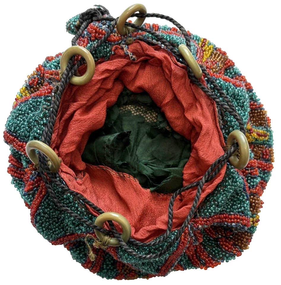 Antique 1910-20s Victorian Beaded Drawstring Purse Art Deco Silk Lined Hand Bag - Image 3 of 4