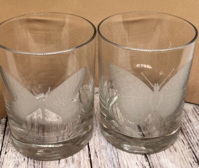 2 Low Ball Drink Glasses National Wildlife Federation Butterfly Frosted Vintage