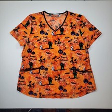 Women's Scrubstar Orange Halloween Witch Ghost Bat Scrub Top Shirt Medium