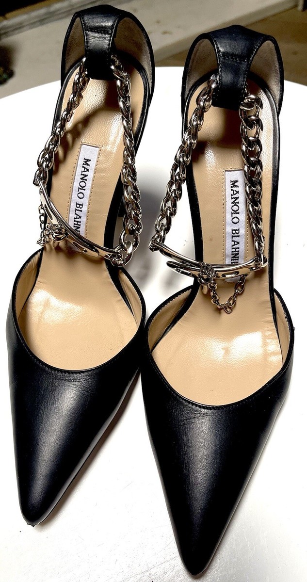 Manolo Blahnik Black Leather Silver Dagger Lock And Chain D'Orsay