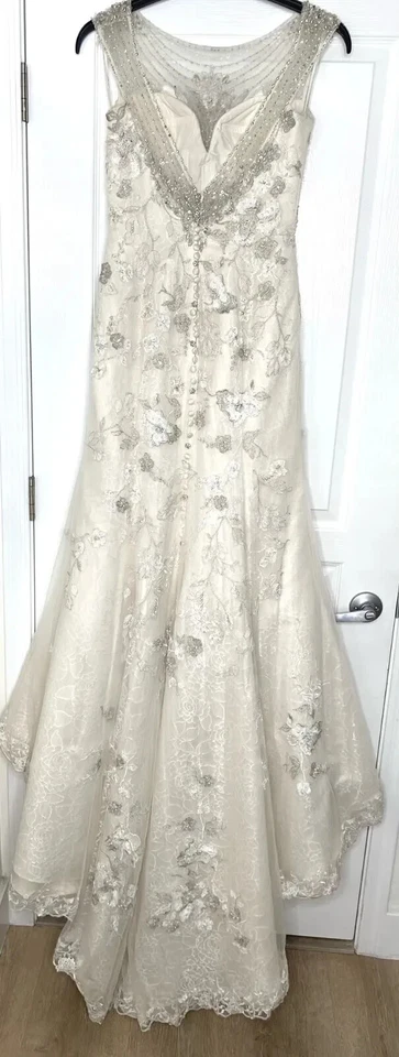 JUSTIN ALEXANDER 9774 Ivory Silver Pearl Embellished Lace Wedding Bridal Gown 8 - Image 2 of 4