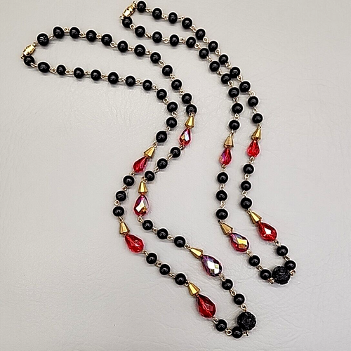 Vtg Glass Beaded Necklace Set of 2 AB Red Teardrop Black Round 21-28" - Picture 4 of 15