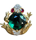 Swarovski Frog Brooch Gold Tone Large Emerald Green Crystal Body Ruby Red Eyes