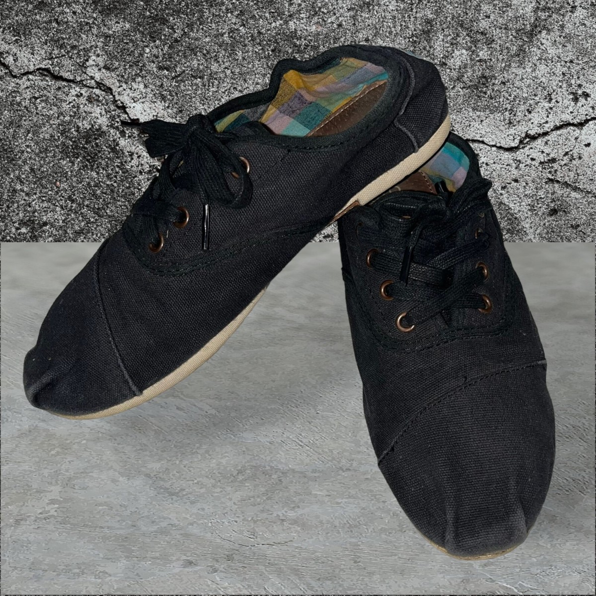 Toms Black Lace Up Shoes Alpargata Casual Sneakers Canvas Logo