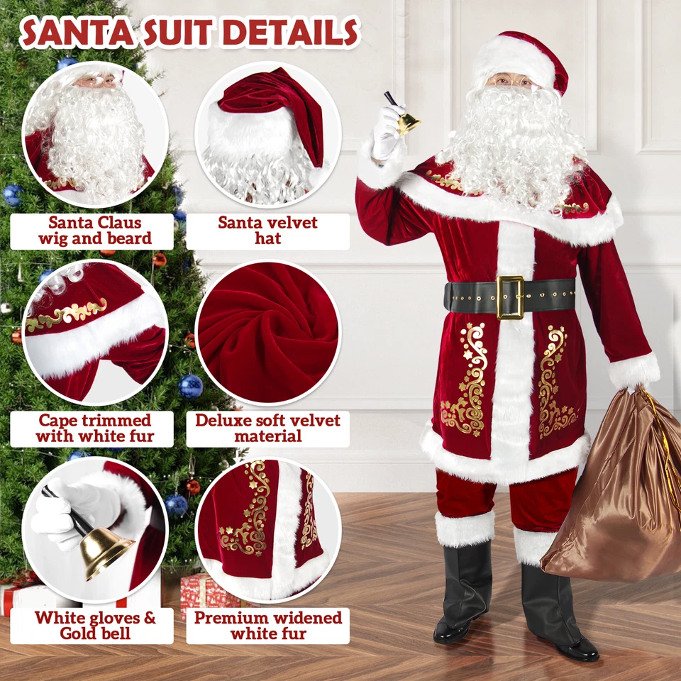 Men's Santa Costume Set Christmas 12pcs Deluxe Velvet Adult Santa Claus Suit - Image 4 of 4
