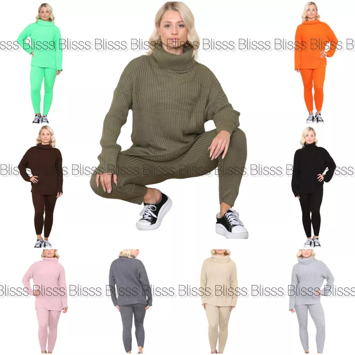 Womens Polo Roll Neck Loungewear Ribbed Knitted Ladies Top Bottom