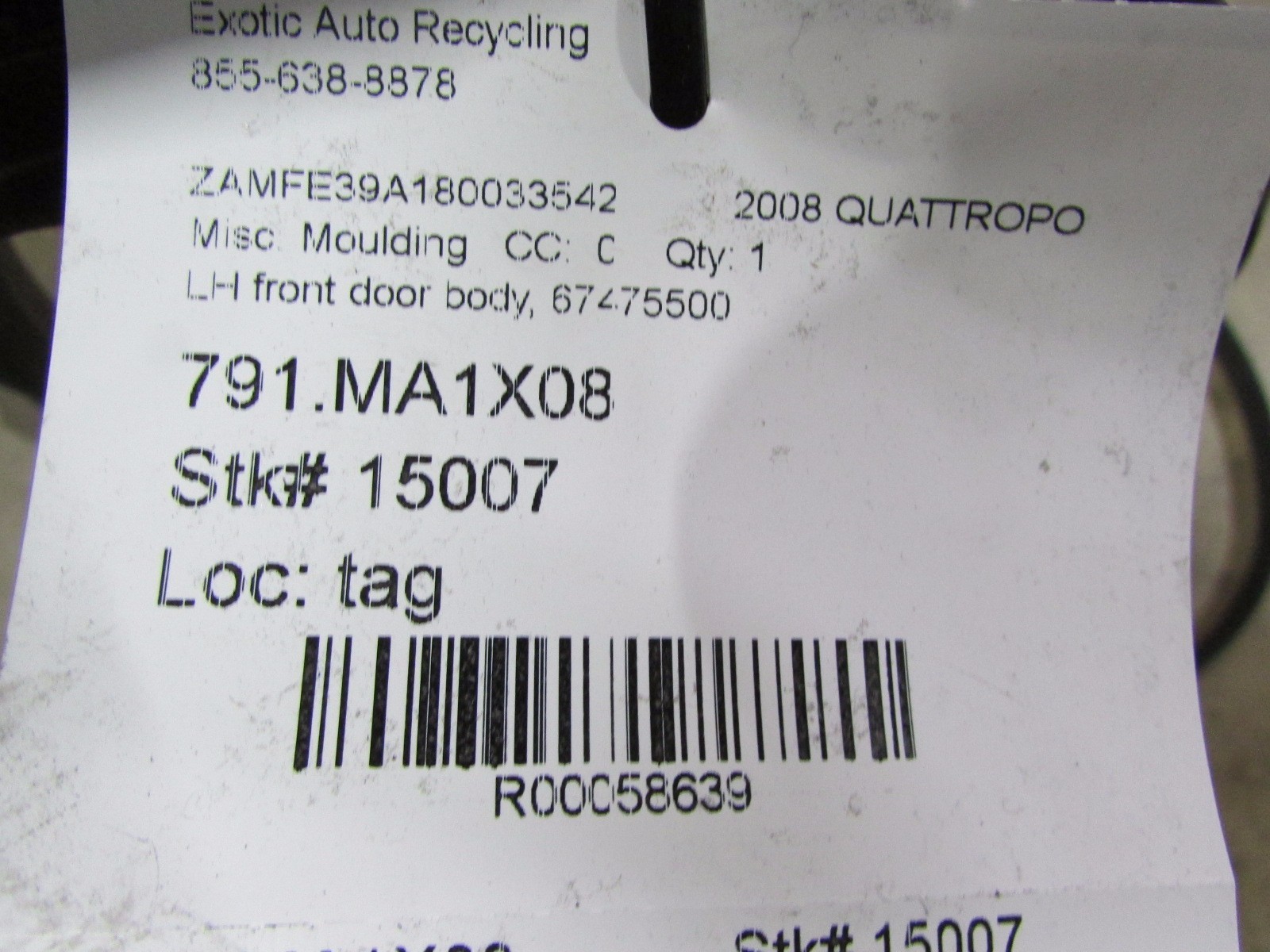 Maserati Quattroporte, LH Left Front Rubber Door Gasket, Used, P/N 67475500