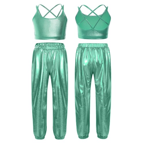 Kids Girls Outfits Figure Skating Dancewear Shirts Suit Shiny Metallic Set Jazz - Picture 4 of 38