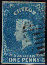 CEYLAN 1857 Victoria 1 penny bleu, papier bleuté wmk. étoile SG.2b utilisée -...
