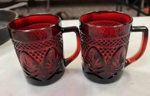 Pair of Vintage Arcoroc France Ruby Red Glass Coffee Mugs
