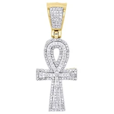 10K Yellow Gold Plated Diamond Egyptian Ankh Cross Pendant 1.5" Pave Lab Created
