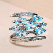 925 Silver Plated 3.15 Ct Simulated Aquamarine Sweeping Valentine Gifts Ring