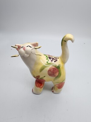Vintage  2001 Annaco Creations Cat Yellow With Apples And Grapes 