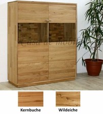 Massivholz Highboard 109x131x40 Wildeiche Kernbuche geölt Vitrinen-schrank glas