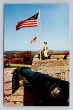 Fort Ticonderoga, NY-New York, Northwest Bastion Cannon Flags Vintage Postcard