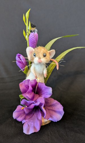 Fleur the Needle Felted Mouse on Flower with Bee Handmade OOAK 