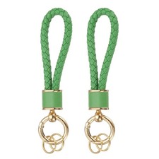 2 Pack Braided Leather Keychain for Car Bag Wallet Gold/Emerald Green 