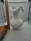 Vintage Large Fenton White Milk Glass Hobnail Ruffled Crimped Vase 10.5”