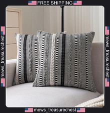 Cotton Linen Blend Pillow Covers Set of 2 18x18 Inch Black Woven Stripes