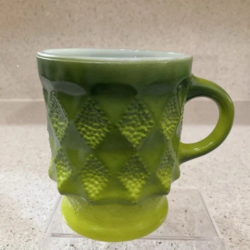 Anchor Hocking Fire King Vintage Green Coffee Cup Mug Kimberly Diamond Pattern