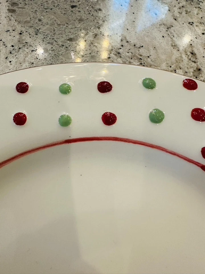 Oneida 假日报餐盘红色绿色圆点圣诞陶器 — 第 2/4 张图片