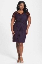 Adrianna Papell Embellished Lace Yoke Knotted Tulle Dress Sz 14 Plum