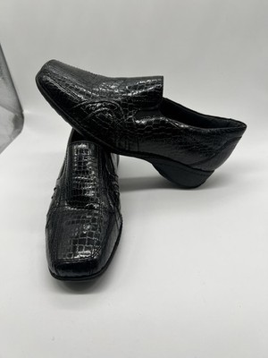 Ara Womens   Sz 3 1/2   Black Faux Leather Slip On Croc Print Loafer Luftpolster