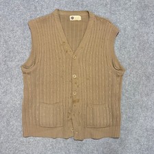 Vintage Kings Road Sears Mens Cable Knit Cardigan Sweater Vest Tan XL Acrylic