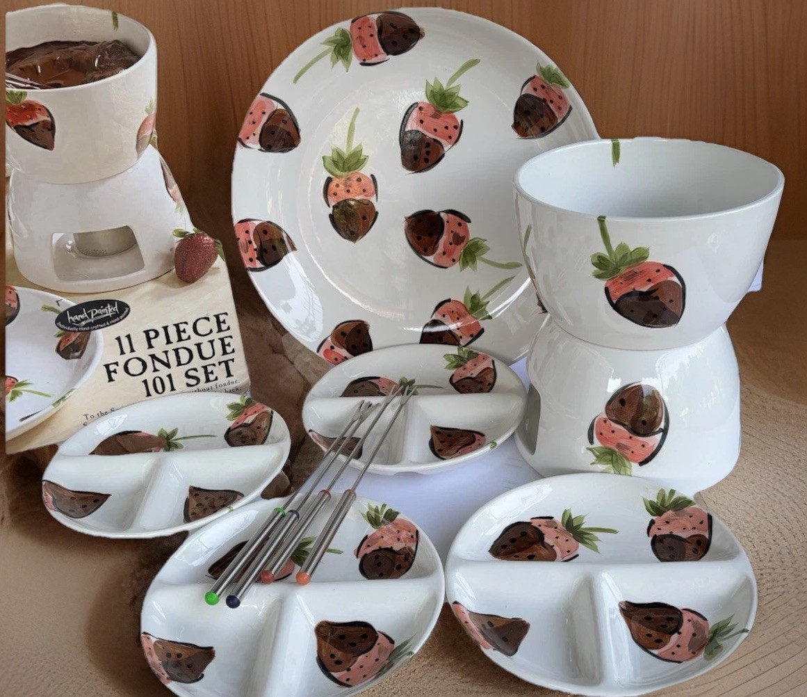 11pc Tabletops Ceramic Chocolate Strawberry Fondue Set Pot Platter Plates Forks