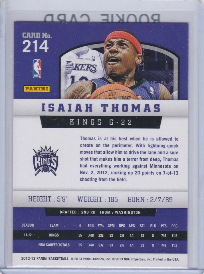 ISAIAH THOMAS ROOKIE CARD 2012/13 Panini Basketball RC Kings BOSTON CELTICS  - Image 2 of 2