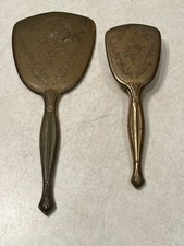 Vintage Vanity Set 2 Piece Gold Tone Hand Mirror And Brush Art Deco Floral,Heavy