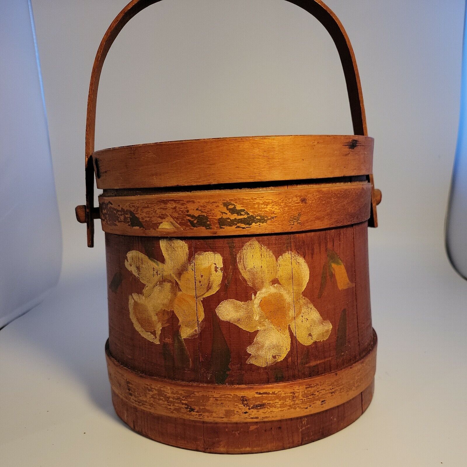 Vtg Wood Firkin Sugar Bucket Swing Handle & Lid 2 Stapled Bands Painted Flowers