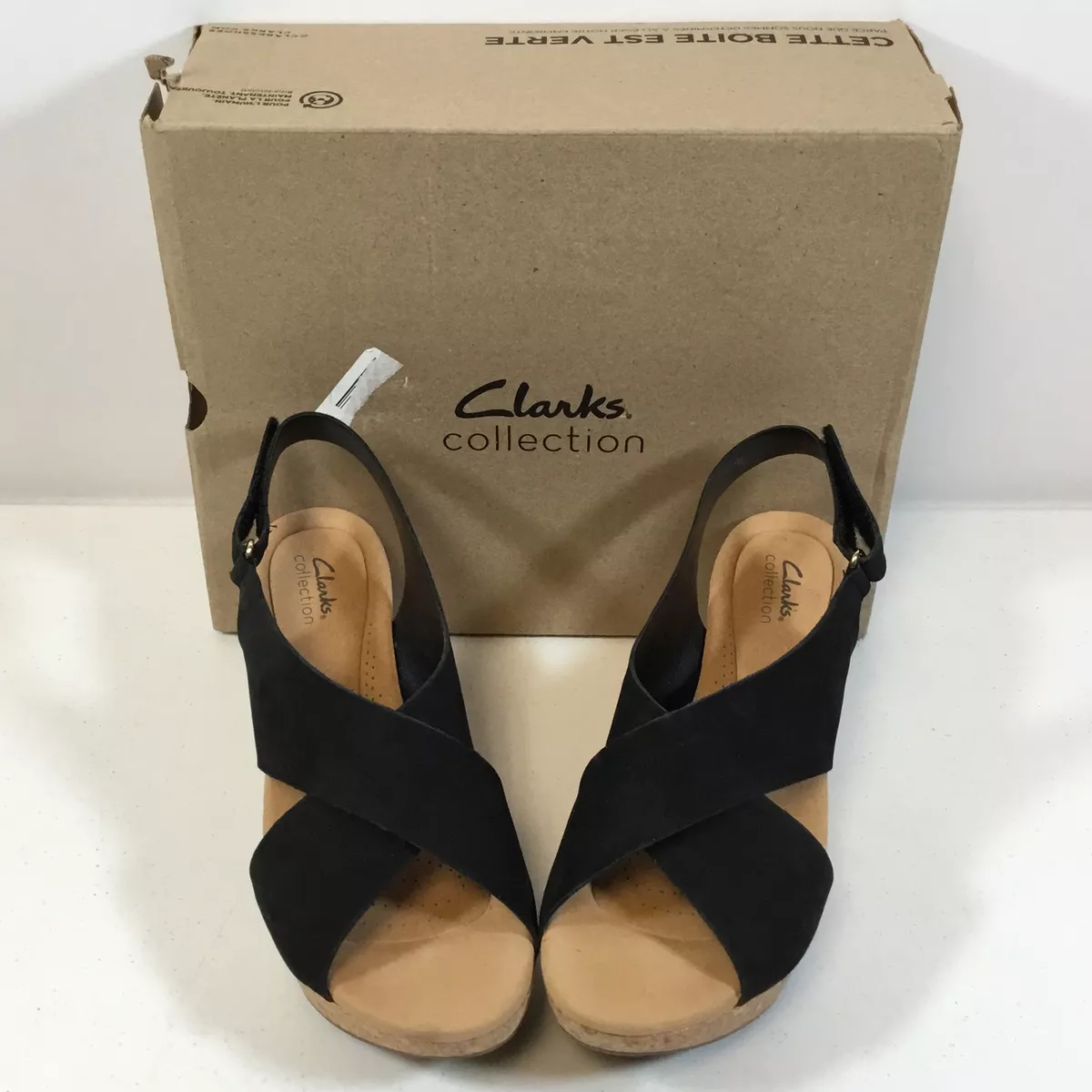Clarks Womens Annadel Eirwyn Black Nubuck Slingback Wedge Sandal