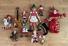 VTG Lot of 12 Assorted Christmas Ornaments Santa Clown Pull Toy Stocking Wood
