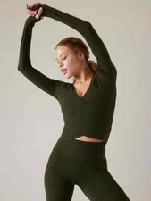 Athleta S SMALL Transcend Wrap Top, Aspen Olive Green Soft Fitted Yoga Shirt NWT