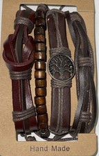 Leather Braiden Bead Set Of Four Bracelet Unisex Men Women Tree Of Life Metal